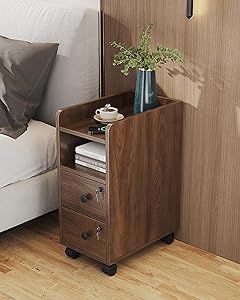 Ultra-Narrow Bedroom Bedside Table with Lock, Movable Living Room Side Table with Drawers, Small Apartment Mini Nightstand Storage Cabinet, Eco-Friendly and Odorless, W20cm/W25cm/W30cm (Color : Walnu Small Nightstand Ideas Bedside Tables, Slim Side Table, Narrow Bedroom, Small Nightstand, Small Bedside Table, Bedside Tables Nightstands, Side Table With Drawer, Small Wardrobe, Bedroom Bedside Table