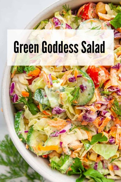 Easy Green Salads For Parties, Goddess Salad Recipe, Green Goddess Salad Recipe, Green Goddess Salad Dressing, Green Goddess Salad, Goddess Salad, Healthy Dressing, Creamed Cucumbers, Salad Chicken