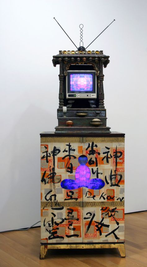 Portable God, 1989 by Nam June Paik Nam June Paik, 1989 Tv, New Media Art, Artistic Installation, Video Installation, Chinese Characters, God Art, Print Collage, Art Basel