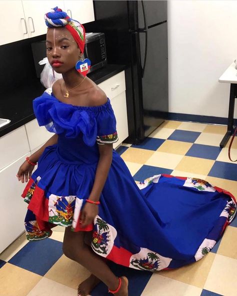 Haitian Flag Day Outfit Ideas, Haitian Flag Nails, Haitian Culture Outfit, Haitian Outfit, Haitian Hairstyle, Haitian Flag Day Outfit, Haitian Flag Clothing, Brazil Costume, Haitian Clothing