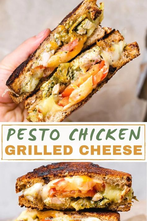 Chicken Pesto Grilled Cheese, Chicken Toasted Sandwich, Chicken Pesto Sandwich Recipe, Grilled Cheese With Chicken, Pesto Chicken Sandwich, Tomato Pesto Chicken, Chicken Grilled Cheese, Homemade Basil Pesto, Chicken Pesto Sandwich