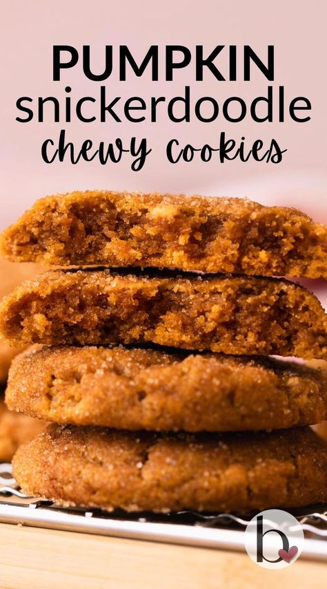 Pumpkin snickerdoodle cookie halves with gooey centers stacked on top of eachother. Pumpkin Christmas Recipes, Chocolate Snickerdoodle Cookies, Pumpkin Gingerbread Cookies, Dessert Pumpkin Recipes, Pumpkin Snickerdoodle Cookies, The Best Pumpkin Bread, Thick Cookies, Best Pumpkin Bread, Dessert Pumpkin