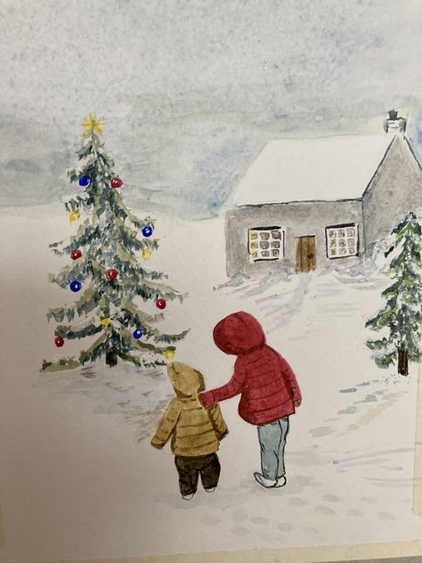 Winter Simple Drawings, Christmas Scene Watercolor, Christmas Drawings Beautiful, Christmas Watercolor Paintings Easy, Watercolour Winter, Watercolor Christmas Cards Diy, Christmas Sketch, Winter Drawings, Painted Christmas Cards