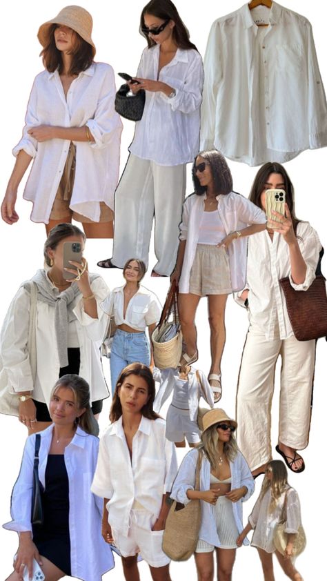 White shirt Linen Shirt Outfit Aesthetic, Summer White Shirt Outfit, White Button Up Shirt Outfit Summer, White Button Down Shirt Outfit Aesthetic, White Linen Button Down Shirt Outfit, Beach Shirt Outfit, White Button Down Shirt Outfit Summer, Female Gaze Outfits, White Linen Shirt Outfit Women