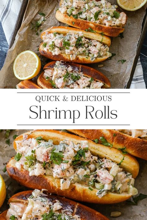 This East Coast Shrimp Rolls recipe will make you feel like you are spending the day along the Atlantic. The recipe combines shrimp with a scrumptious herb mayo and buttered bun for a New England experience no matter where you live. Visit Sugar Maple Farmhouse to find the full recipe for Shrimp Rolls. Shrimp Lobster Roll, Crab And Shrimp Roll, Shrimp Hoagie Sandwiches, New England Shrimp Rolls, Shrimp Hamburger Recipes, Old Bay Shrimp Rolls, Quick Seafood Dinner, Recipes Using Tiny Canned Shrimp, Shrimp Rolls Sandwich New England