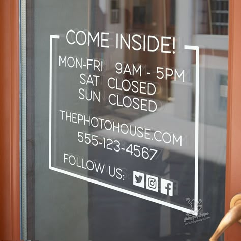 Customize your storefront with a beautiful vinyl store hours decal. Personalized with your hours of operation as well as business details and made from one of the highest quality vinyls on the market, this store hours sign is sure to last years with proper care and application. Your business decal will come ready to apply on the outside of your storefront.  (If you would like to place the decal on the inside of the glass but it still be visible from the outside, please selected the REVERSED size Bridal Shop Exterior Store Fronts, Salon Window Decals Store Fronts, Boutique Front Door Entrance, Candle Store Front Ideas, Boutique Exterior Store Fronts, Storefront Inspiration, Store Front Design, Glass Sticker Design, Baking Studio