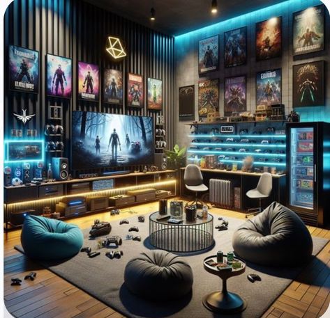 Gaming Cave Ideas, Bean Bag Game Room, Man Cave Guest Room Combo, Gaming Room Lights, Console Gaming Room, Men’s Game Room, Game Room Ideas Videogames, Adult Gaming Room, Indoor Entertainment Area