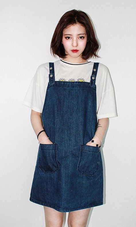 BASIC DENIM DRESS JUMPER Jumper Dress Outfit, Denim Jumper, Dress Korean, All Jeans, Zooey Deschanel, Korean Dress, Ulzzang Fashion, Korea Fashion, Soft Grunge