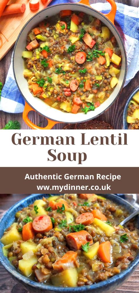 Make this authentic German Lentil Soup Recipe. A hearty lentil stew with sauages. Linsensuppe. German Lentil Stew. Lentil Soup with Sausages. Lentil Soup Recipe. Lentil Soup easy. Lentil Soup with vegetables. Lentil Soup Recipe Stovetop. Lentil Stew Recipes. Lentil soup with Frankfurters. German Lentil Soup Recipe, German Lentil Soup, Lentil Soup Crockpot, Beef Lentil Soup, Easy Lentil Soup, Lentil Stew Recipes, Lentil Sausage Soup, Soup With Vegetables, German Food Authentic