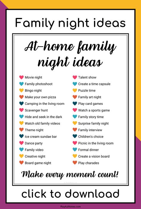 Discover 31 easy and fun at-home family night ideas that you and your kids will love! They are great for building connection and having fun together!  --- Family activities at home | Family fun At Home Family Night Ideas, Cheap Family Night Ideas, Friday Night Family Fun At Home, Family Night Activities At Home, Fun Family Challenges, Fun Family Home, Family Night In Ideas, Game Night With Family, Weekly Family Night Ideas