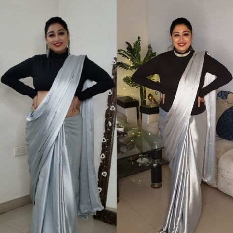 how to wear a saree in winter Saree With Top Blouse, Styling Saree With Tops, Turtle Neck Saree, Saree With High Neck Sweater, Saree With Turtle Neck Top, Saree With Sweater In Winter, Winter Saree Outfit, Winter Saree Look, How To Wear Saree