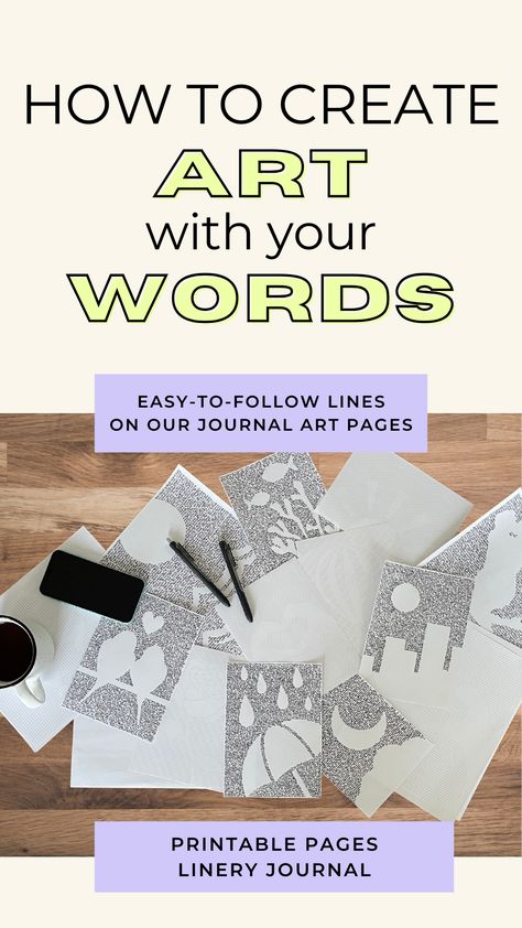 How to create art with your words.  Easy to follow lines on our printable journal art pages. Journal Manifesting, Manifesting Journal, Aesthetic Journaling, Watch Art, Watch Your Words, Creative Tutorials, Creative Journaling, Unique Journals, Collage Art Projects