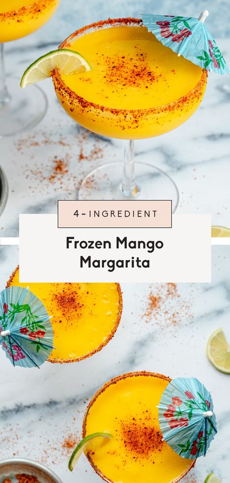 Delicious, refreshing frozen mango margarita made with 4 simple ingredients for the ultimate summer cocktail treat. This easy frozen mango margarita recipe blends up in just 5 minutes and seriously tastes like a tropical vacation! Perfect for girl's nights and summer parties. Paper umbrellas optional, but recommended! Blended Margarita Recipe, Mango Margarita Recipe, Frozen Mango Margarita, Lime Seasoning, Sesame Ginger Dressing, Healthy Cocktails, Frozen Mango, Mango Margarita, Ambitious Kitchen