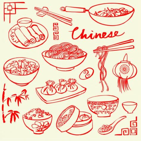 Chinese Food Tattoo, Chinese Food Drawing, Chinese Food Art, Chinese Food Illustration, Korean Drinks, Japanese Food Illustration, Food Illustration Design, Food Tattoos, Vector Doodle