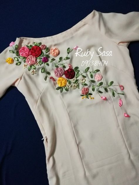 ribbon embroidery ideas for dresses https://youtu.be/q1JRQxuj6aA?si=YB3joqakDHmG-Fan Kurti With Embroidery Design, Hand Work Top Design, Kureshiya Work Dress, Ribbon Embroidery Designs For Kurti, Flower Embroidery On Shirt, Hand Embroidery On Suits, Ribbon Work Embroidery Kurti, Hand Work In Kurti, Embroidery In Kurti