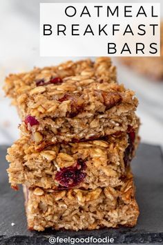 Enjoy these chewy Oatmeal Breakfast Bars in the morning or as a midday snack. They're great for meal prepping in advance and packed with heart healthy oats! | Oatmeal recipes | Breakfast Foods | Meal Prepping | Healthy Breakfast | Oat bars | Chewy bars #oatmealbars #breakfastbars #breakfastrecipes #oatmealrecipes #oatbars #feelgoodfoodie Breakfast Oat Bars, Oatmeal Recipes Breakfast, Breakfast Bar Recipe, Oatmeal Bars Healthy, Chewy Bars, Oatmeal Bars Recipes, Breakfast Bars Healthy, Breakfast Bars Recipe, Healthy Oats