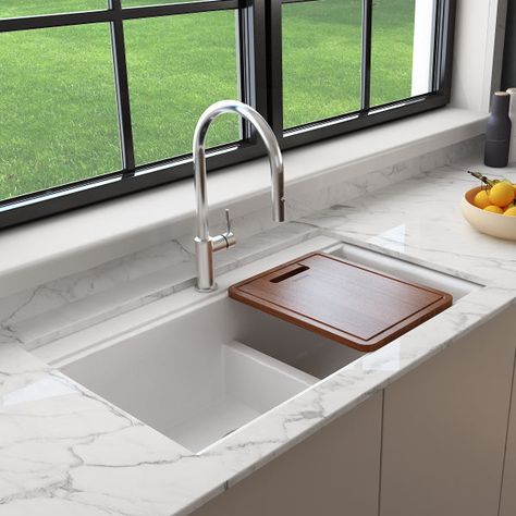 Baveno Lux 34D Milk White Double Bowl Granite Composite Undermount Sink w/ Integrated Workstation and Accessories by BOCCHI Safe, durable and high-quality Italian-made Granite Kitchen Sink. Made of superior food-grade granite that is resistant to stains and dirt thus making it more eco-friendly and easier to clean. Scratch and impact resistant, with color throughout that won’t change or fade even when exposed to prolonged direct sunlight, sound absorbing and quiet, heat insulating and resistant White Kitchen Sink Ideas, White Sink Kitchen, Double Sink Kitchen, Kitchen Sink Options, Overmount Sink, Sink Options, Fitted Cabinets, Composite Kitchen Sinks, Granite Composite Sinks