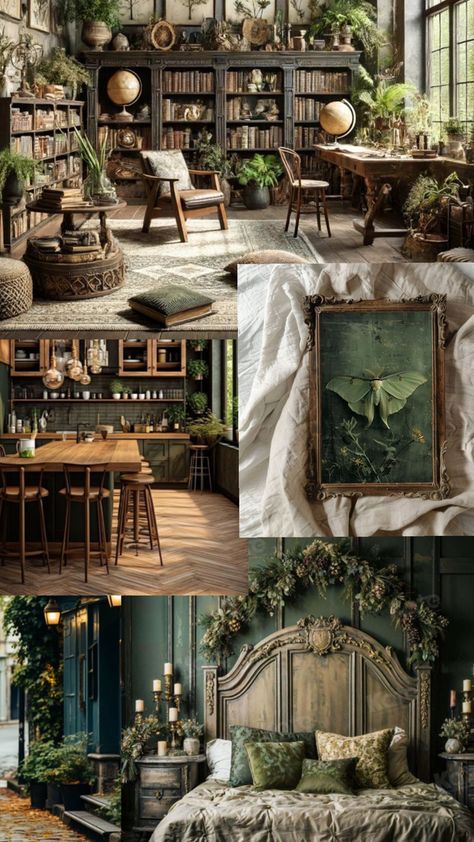 Botanical Academia Aesthetic, Green Academia Decor, Green Academia Room, Earthy Academia, Rh Bedroom, Dark Green Academia, Green Academia Aesthetic, Steampunk Interior Design, Garage Suite