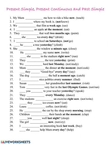 Present Simple And Past Simple Worksheet, Simple Present Worksheet, Present Past Tense, Present Simple Present Continuous, Simple Present Tense Worksheets, Present Continuous Worksheet, Esl Elementary, Past Tense Worksheet, English Conversation For Kids