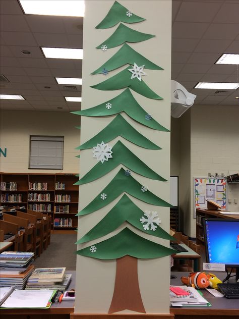 School Tree Decorations, Paper Wall Christmas Tree Ideas, Construction Paper Christmas Tree Wall, Elementary School Christmas Decorations, Christmas Bulletin Board Ideas Library, Christmas Tree Hallway, Paper Tree Diy, School Christmas Party Ideas, Winter Wonderland Trees