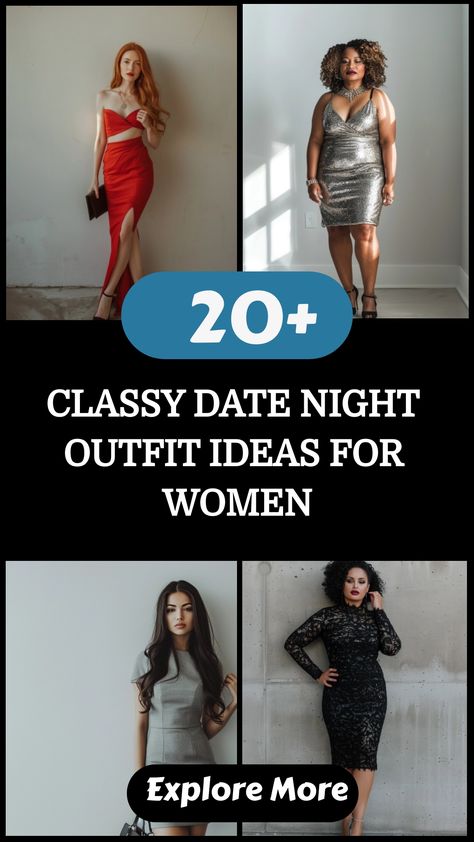 Women showcasing stylish date night outfits, including red, silver, gray, and black dresses. Text reads "20+ Classy Date Night Outfit Ideas for Women". Elegant Dinner Outfit, Dinner Outfits Classy, Modern Jumpsuit, Classy Date Night, Classy Date Night Outfit, Dinner Cocktails, Burgundy Bodycon Dress, Black Blazer Dress, Date Night Outfit Ideas