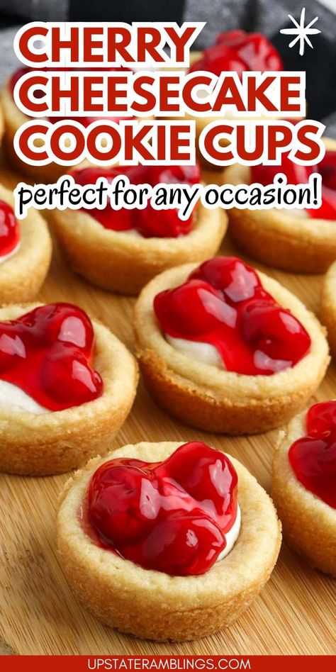 Cookout Food Desserts, Desert Shells Recipes, Cherry Bubble Up Bake, Crowd Desserts Parties, Cherry Cheesecake Cookie Cups, Cheesecake Filled Cookies Recipes, Appetizer Dessert Recipes, Mini Cheesecake Cookies, Crumbl Strawberry Cheesecake Cookie