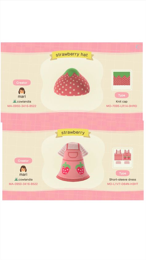 Acnh Strawberry Shortcake Design, Animal Crossing Design Codes Strawberry, Animal Crossing Strawberry Dress, Acnh Strawberry Dress, Strawberry Shortcake Animal Crossing, Strawberry Island Animal Crossing, Animal Crossing Strawberry Shortcake, Acnh Strawberry Code, Acnh Strawberry Shortcake