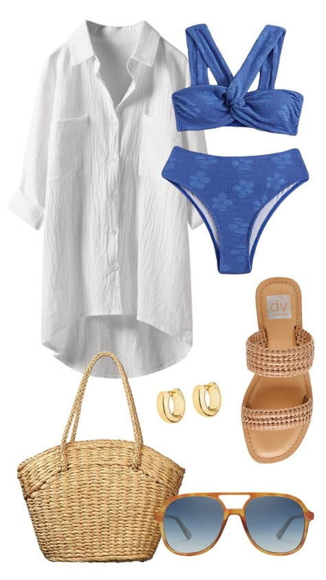 Hampton Beach Outfit, Blue Outfit Accessories, White Coverup Outfit, Lake Attire Style Summer Outfits, Old Money Beach Outfit Women, Memorial Day Lake Outfit, Blue Swimsuit Outfit, Beach Fashion Outfits, Beach Inspired Outfits