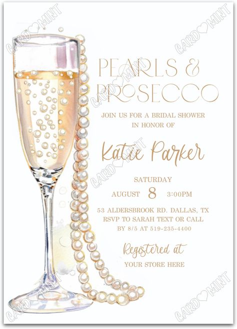 Quickly personalize. Includes matching thank you card.   Host a successful bridal shower starting with this wine & pearls rose invite!   You can edit this product yourself, during and/or after purchase. Print or send as an Evite.  Image watermarks will be removed after purchase. Diamonds And Pearls Bachelorette Party, Glitzy Bridal Shower Ideas, Simple Classy Bridal Shower Ideas, Pearls And Prosecco Bridal Shower Invite, Diamond Bridal Shower Theme, Champagne Bridal Shower Ideas, Bridal Shower Pearls And Prosecco Theme, Vineyard Bridal Shower Ideas, Bridal Theme Shower Ideas