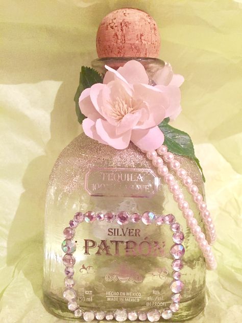 Decorated Alcohol Bottle Cricut Liquor Bottle Ideas, Centenario Bottle Decorated, Pink Decorated Bottle, Cute Alcohol Bottles, Rhinestone Bottle Alcohol 21st Birthday, Pink Patron Bottle, Don Julio Bottle Decorated Pink, Decorative Alcohol Bottles, Decorated Patron Bottles