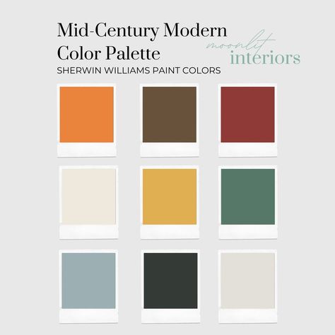 Mid-Century Modern Interior Design Style Pre-Selected Paint Color Palette - Sherwin Williams Paint Colors — Moonlit Interiors Mid Century Modern Paint, Mid Century Modern Paint Colors, Mid Century Modern Color Palette, Interior Paint Palettes, Mid Century Interior Design, Modern Paint Colors, Sherwin Williams Color Palette, Home Paint Color, Mid Century Modern Interior Design