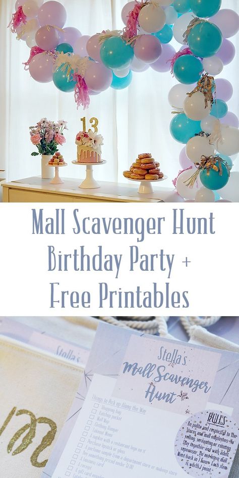 Mall Scavenger Hunt Birthday Party + Free Printable || Darling Darleen Mall Scavenger Hunt Birthday Party, Party Ideas For Teen Girls, Mall Birthday Party, Scavenger Hunt Birthday Party, 13th Birthday Party Ideas For Girls, Mall Scavenger Hunt, Scavenger Hunt Party, Teen Girl Birthday Party, Teenager Party