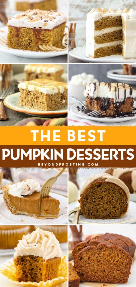 Looking for sweet pumpkin recipes? Here are the BEST pumpkin desserts to make! There are pumpkin cakes, pumpkin cheesecakes, pumpkin cookies, and more. Save these easy fall recipes and celebrate the season with these simple desserts! Fresh Pumpkin Recipes Desserts, Best Pumpkin Desserts, Fall Desserts Recipes, Pumpkin Dessert Recipes, Fresh Pumpkin Recipes, Fall Dessert Recipes Easy, Easy Pumpkin Dessert, Pumpkin Pie Recipe Easy, Vegan Pumpkin Recipes