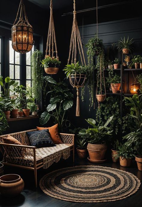 Imagine stepping into a living room where shadows dance gracefully with light, where every corner tells a story of mystique and comfort. This isn't just any Plant Living Room Aesthetic Bohemian, Dark Living Room With Plants, Black Plant Room Aesthetic, Modern Tea Room Design, Dark Room With Plants, Black Plant Wall, Dark Forest Living Room, Dark Colored Living Rooms Ideas, Dark Plant Room Aesthetic