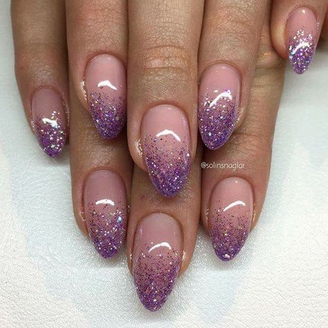 Lilac Nail Designs, Glitter Fade Nails, Lilac Glitter, Faded Nails, Glitter Tips, Purple Glitter Nails, Unghie Sfumate, Lilac Nails, Purple Nail