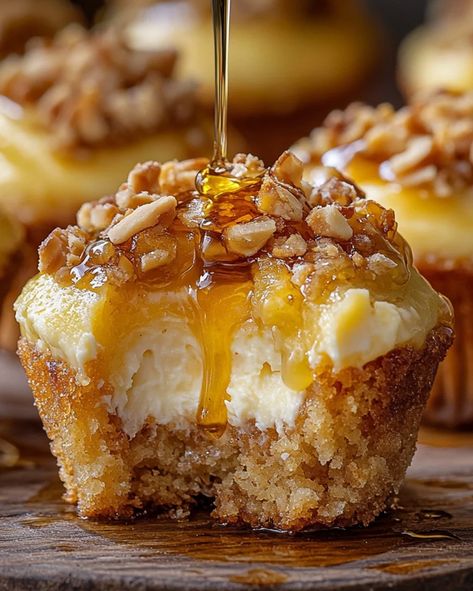 Honey Pecan Cheesecake Muffins – Sweet, Nutty Delight - optimal recipes Honey Pecan Cheesecake, Banana Cheesecake Muffins, Honey Baked Goods, Honey Cheesecake Recipes, Thanksgiving Deserts Creative, Pecan Mini Cheesecakes, Butter Pecan Muffins, Maple Pecan Mini Cheesecakes, Honey Pecan Cream Cheese