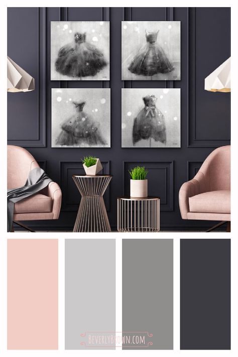 A gallery wall of black, white and grey vintage-inspired fashion art prints by New York artist, Beverly Brown, are the inspiration of this chic, feminine interior color palette of blush pink & light grey with dark charcoal grey walls. The fashion artwork is for sale through BeverlyBrown.com in multiple sizes on fine paper, stretched canvas, metal or acrylic with optional framing. Pink And Grey Pallet Colour Palettes, Grey Pink Colour Palette, Pink Tan And Grey Living Room, Grey And Black Color Schemes, Black White And Pink Decor, Colors That Go With Grey, Grey And Blush Bedroom Ideas, Grey And White Color Palette, Colours That Go With Black