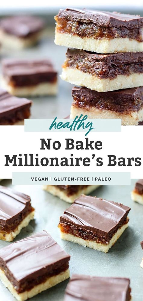 This No-Bake Millionaire's Bars recipe is made with just 7 healthy ingredients and comes together in 30 minutes. Coconut flour shortbread, date caramel and melted dark chocolate wrapped into one! Vegan, Gluten-Free and Paleo, too! #millionairesbars #nobake #healthy #vegandesserts #glutenfree #paleo Cooking With Dates Desserts, Easy Nut Free Desserts, Dessert Using Dates, Quick Gluten Free Desserts No Bake, Quick Paleo Dessert, Easy Recipes With Dates, Recipes With Date Caramel, Date Based Desserts, Dessert Dates Recipe