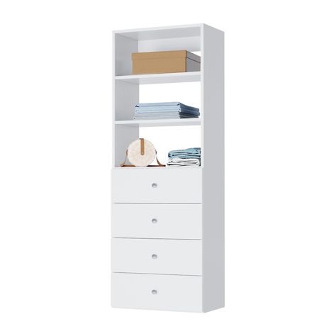 PRICES MAY VARY. SHELF TOWER WITH 4 DRAWERS - the perfect mix of drawers & shelves to organize your closets with ease and style! Unit is 25.5" wide and can hold up to 350 lb. Comes with chrome drawer knobs & all the necessary installation hardware. PATENTED SYSTEM - our modular system installs right onto the wall of your closet. It makes planning your design really simple, and is the strongest closet organizers and storage system on the market. BUILT IN CLOSET ORGANIZER SYSTEMS - this shelving t Closet System With Drawers, Modular Closet System, Wide Closet, Modular Closet, Built In Closet, Corner Closet, Closet Shelving, Modular Closets, Storage Solutions Closet