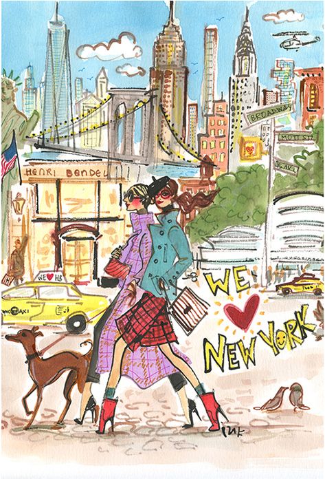 The History Behind Henri Bendel | Fashion.Luxury Izak Zenou #illustration #fashionillustration #nyc #newyork #walkingdog https://www.traffic-nyc.com/artists/izak-zenou Henri Bendel Illustration, Izak Zenou, New York Illustration, Chic Illustration, Girly Graphics, Fashion Wall Art, Fashion Art Illustration, Henri Bendel, Girly Art