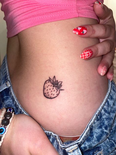 harry styles inspired strawberry tattoo Strawberry Tattoo On Hip, Line Work Strawberry Tattoo, Strawberry Behind Ear Tattoo, Strawberry Tattoo Behind Ear, Strawberry Tattoo Stencil, Strawberry Wrist Tattoo, Strawberry Tattoo Aesthetic, Strawberry And Cherry Tattoo, Cherry Tattoos For Women