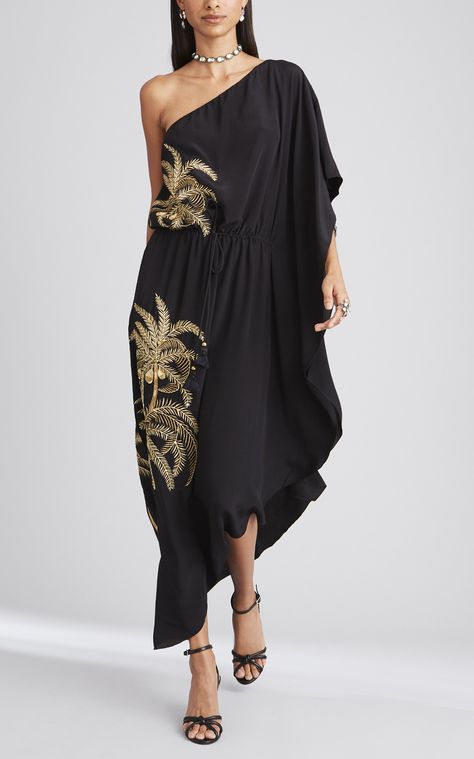 Figue Maisie One Shoulder Palm Dress Tropical Embroidery, One Shoulder Drape Dress, Palm Dress, Dress Indian Style, Indian Designer Outfits, Free Flowing, Indian Designer Wear, Kurti Designs, Indian Outfits