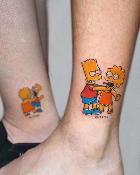 Brother And Sister Tattoos, Bart And Lisa, Bart And Lisa Simpson, Simpsons Tattoo, Brother Sister Tattoo, Sibling Tattoos, Tatuaje A Color, Red Tattoos, Shoulder Tattoos For Women