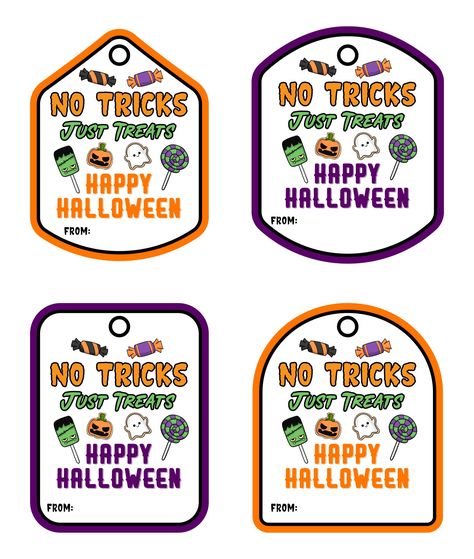 Halloween Favor Tags Printable Free, Halloween Treat Printables Free, Free Halloween Tags For Treat Bags, Halloween Treat Bag Labels Printable, Trick Or Treat Tags Free Printable, Lollipop Tags Free Printable, Halloween Goodie Bag Printables Free, Halloween Bag Tags Free Printable, No Tricks Just Treats Printable Free