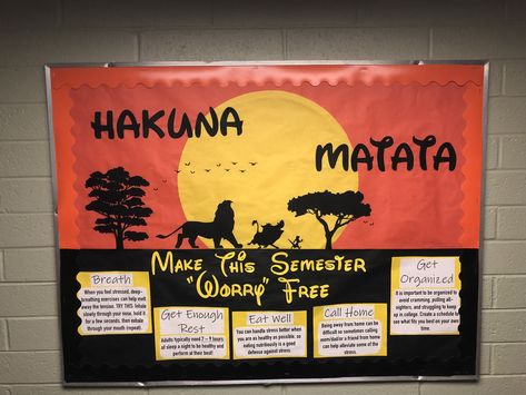 The Lion King Bulletin Board, Student Government Bulletin Board Ideas, Bulletin Board Themes College, Lion King Bulletin Board, Safari Bulletin Boards, Teachers Lounge Decor, Disney Bulletin Boards, Jungle Bulletin Boards, Residence Life Bulletin Boards