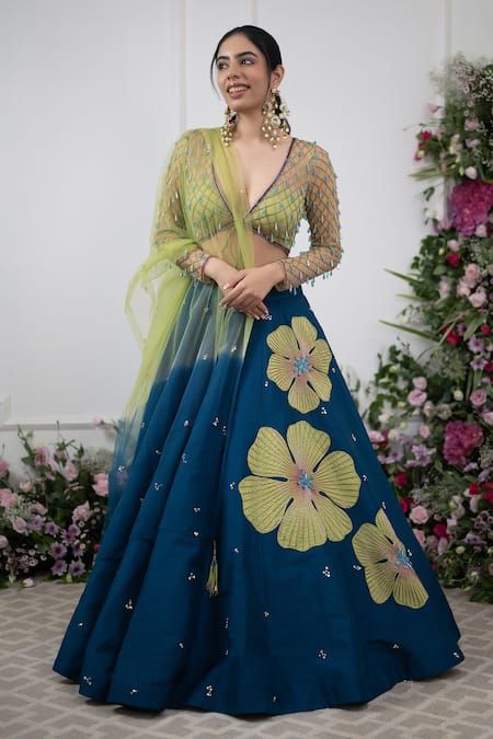 Buy Green Blouse And Dupatta: Net Applique Floral V Raw Silk Lehenga Set For Women by KIRAN KALSI Online at Aza Fashions. Luxury Party Wear Lehenga With Self Design, Luxury Cutdana Choli For Party, Luxury Designer Blouse Piece With Dupatta, Luxury Lehenga With Dupatta And Side Open Design, Luxury Lehenga With Floral Embroidery And Cape Sleeves, Luxury Long Sleeve Green Choli, Luxury Self Design Lehenga For Party, Luxury Party Wear Lehenga With Cutdana, Luxury Front Open Choli With Zari Work