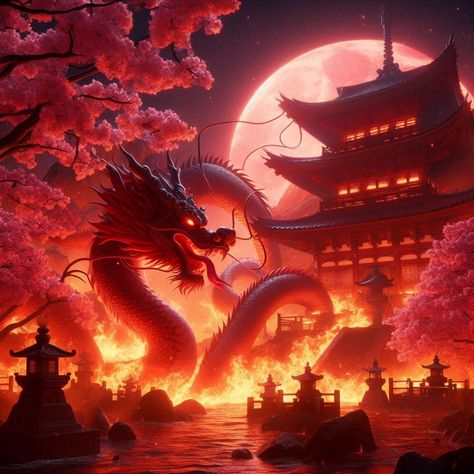 Background Wings, Japan Dragon, Dragon Fire, Dragon Artwork Fantasy, Sakura Flower, Creative Idea, Dragon Artwork, Fire Dragon, Red Dragon