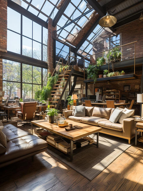 Old vintage loft home featuring large oversized sofa and stairs to second floor Aesthetic Loft House, Industrial City Apartment, Loft Apartment Aesthetic Plants, Loft Second Floor Ideas, Brick Loft Apartment Bedroom, Artsy Loft Interior Design, Loft Style House Exterior, Open Concept Loft Apartment, Warehouse Style Apartment