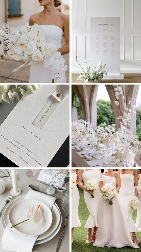 White Wedding Mood Board, Shades Of White Wedding, Color Schemes 2023, White Wedding Tablescape, White Seating Chart, Bridesmaid Dresses White, Wedding Bouquet White, White Wedding Inspiration, White Bridesmaid