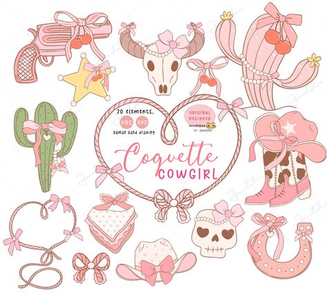 Cowgirl Sublimation Designs, Coquette Cowgirl Aesthetic, Pink Cowgirl Aesthetic, Cowgirl Illustration, Cowgirl Coquette, Girly Clipart, Girly Cowgirl, Cowgirl Clipart, Coquette Cowgirl